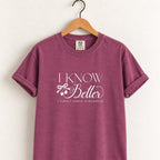 I Know Better, I Simply Chose Otherwise Comfort Colors tee in Berry on a wooden hanger, front view