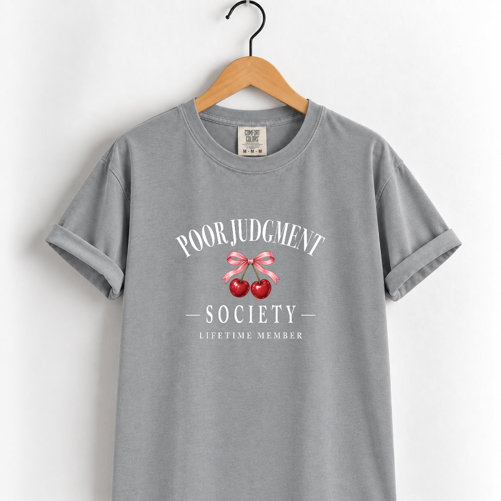 Poor Judgment Society Lifetime Member tee in Grey on a wooden hanger