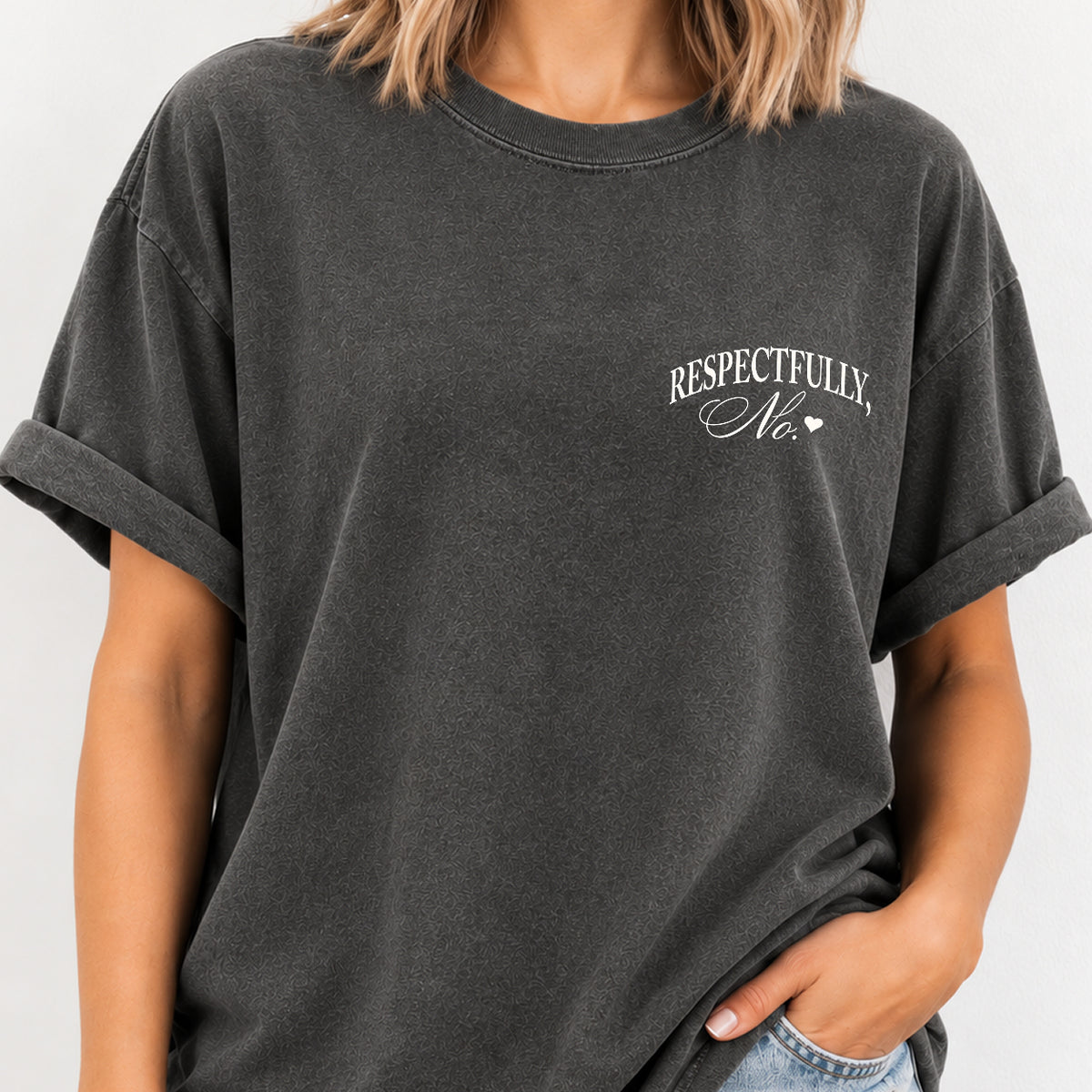 Woman wearing the Respectfully, No tee in Pepper