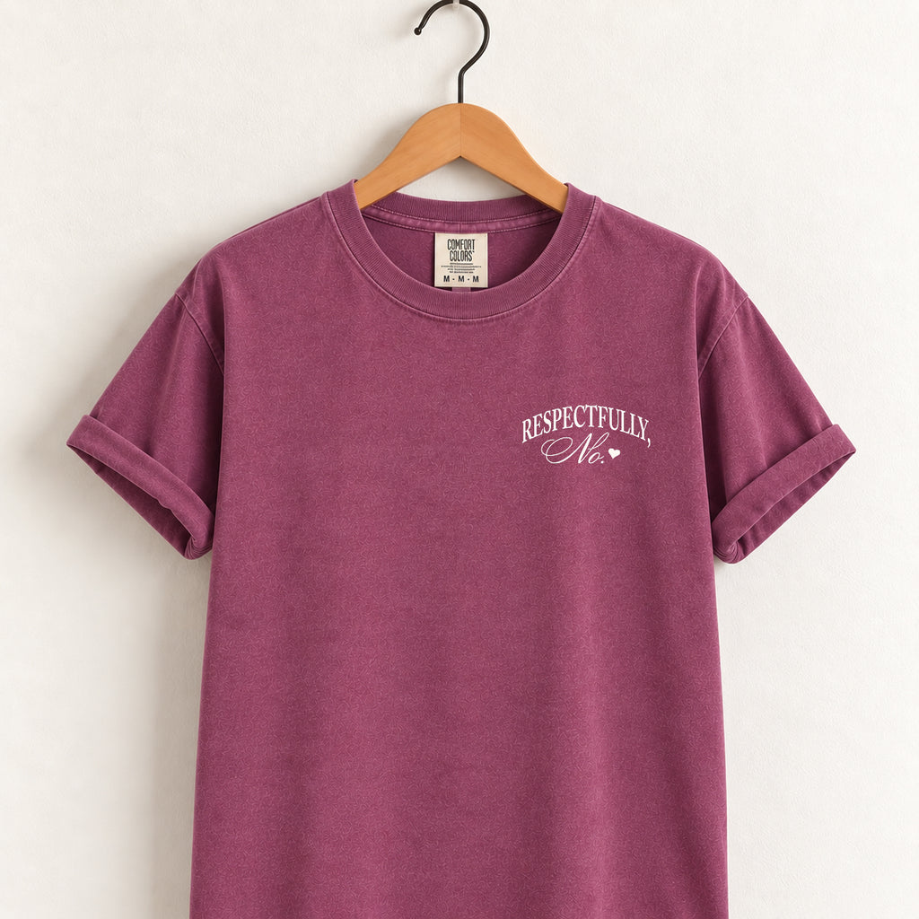 Respectfully, No tee in Berry on a wooden hanger