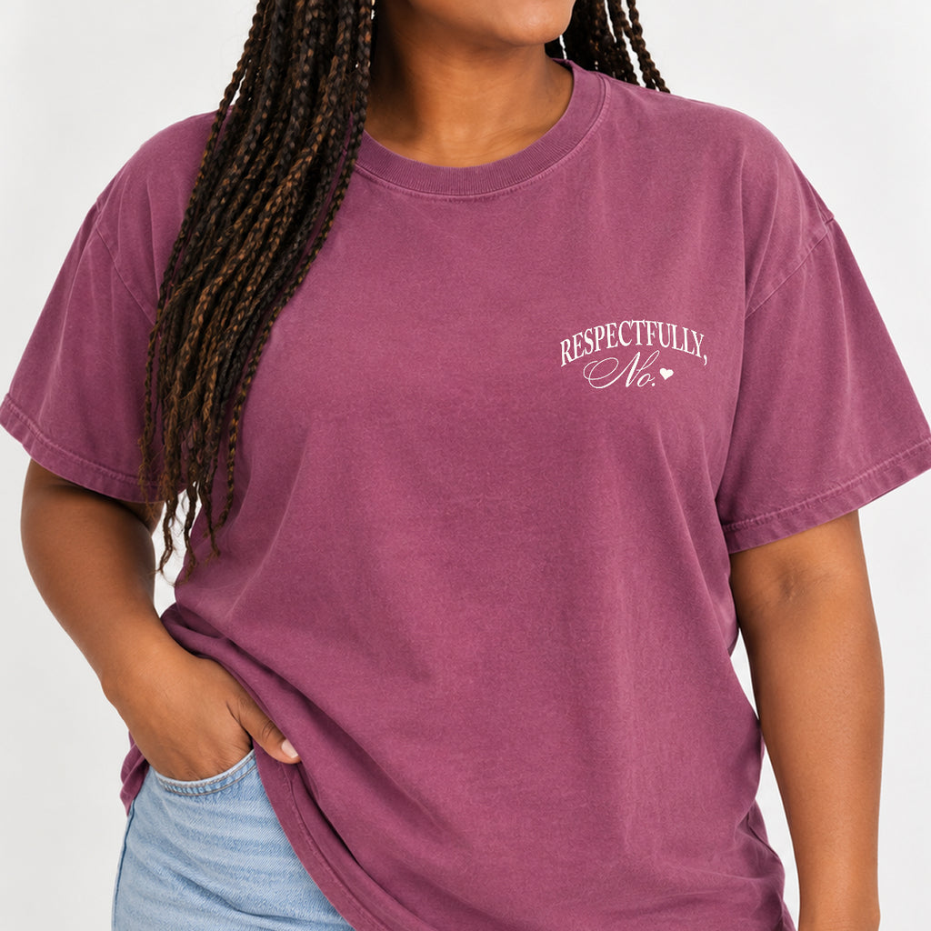 Woman wearing the Respectfully, No tee in Berry