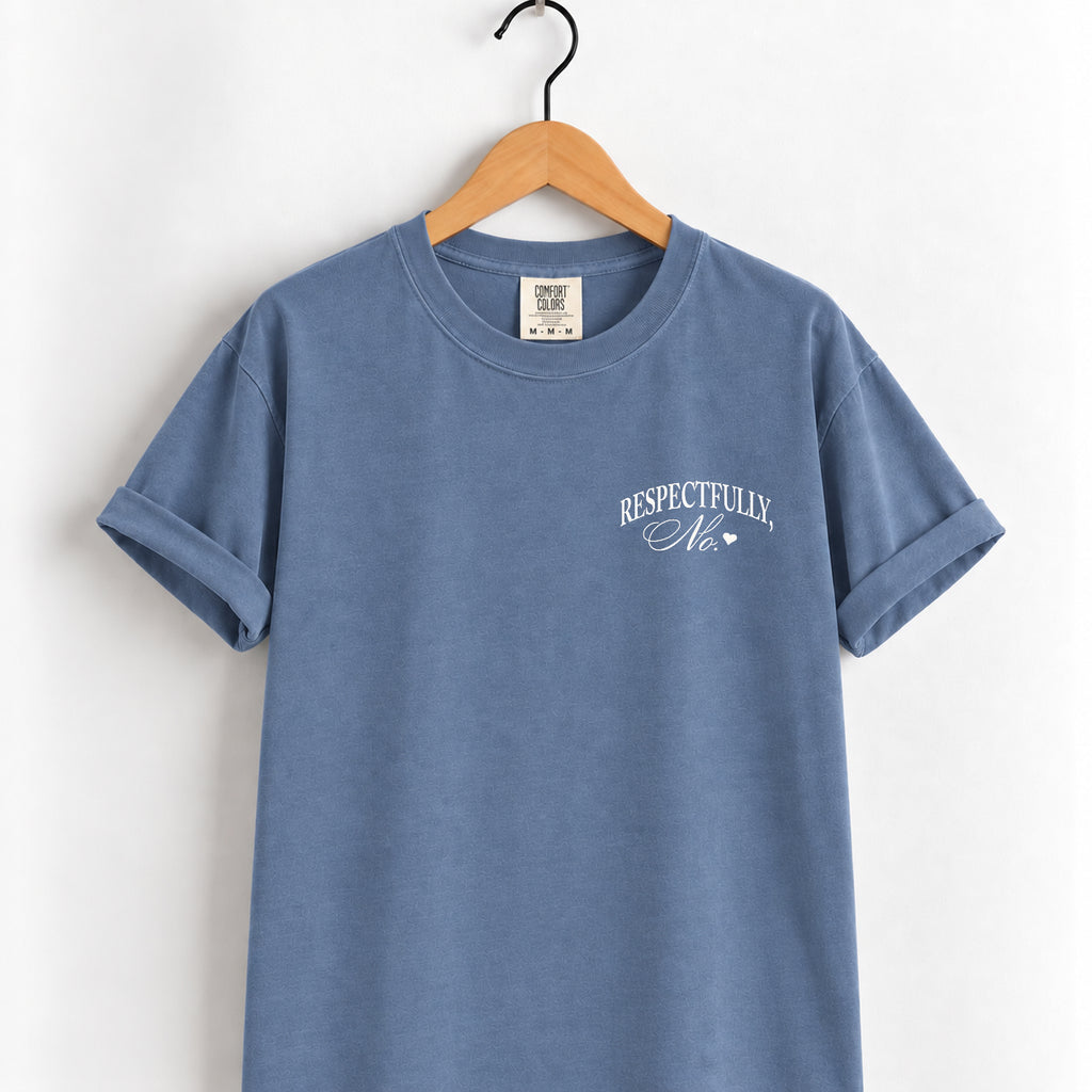 Respectfully, No tee in Blue Jean on a wooden hanger