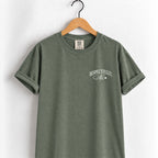 Respectfully, No tee in Moss on a wooden hanger, white left-chest script