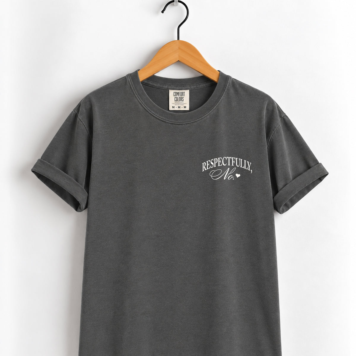 Respectfully, No tee in Pepper on a wooden hanger