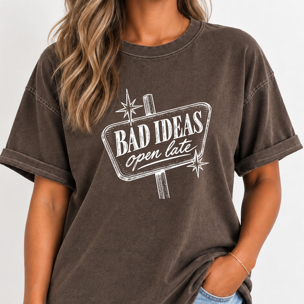 Woman wearing the Bad Ideas, Open Late retro sign tee in Espresso