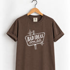 Bad Ideas, Open Late retro sign tee in Espresso on a wooden hanger, printed in cream