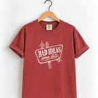 Bad Ideas, Open Late retro sign tee in Chili on a wooden hanger