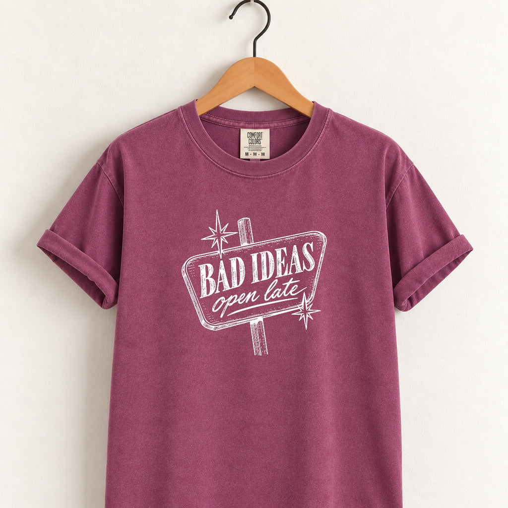Bad Ideas, Open Late retro sign tee in Berry on a wooden hanger