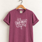 Bad Ideas, Open Late retro sign tee in Berry on a wooden hanger