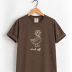 Duck Off tee in Espresso on a wooden hanger, off-white duck design center chest