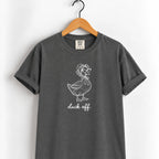 Duck Off tee in Pepper on a wooden hanger, white duck design center chest